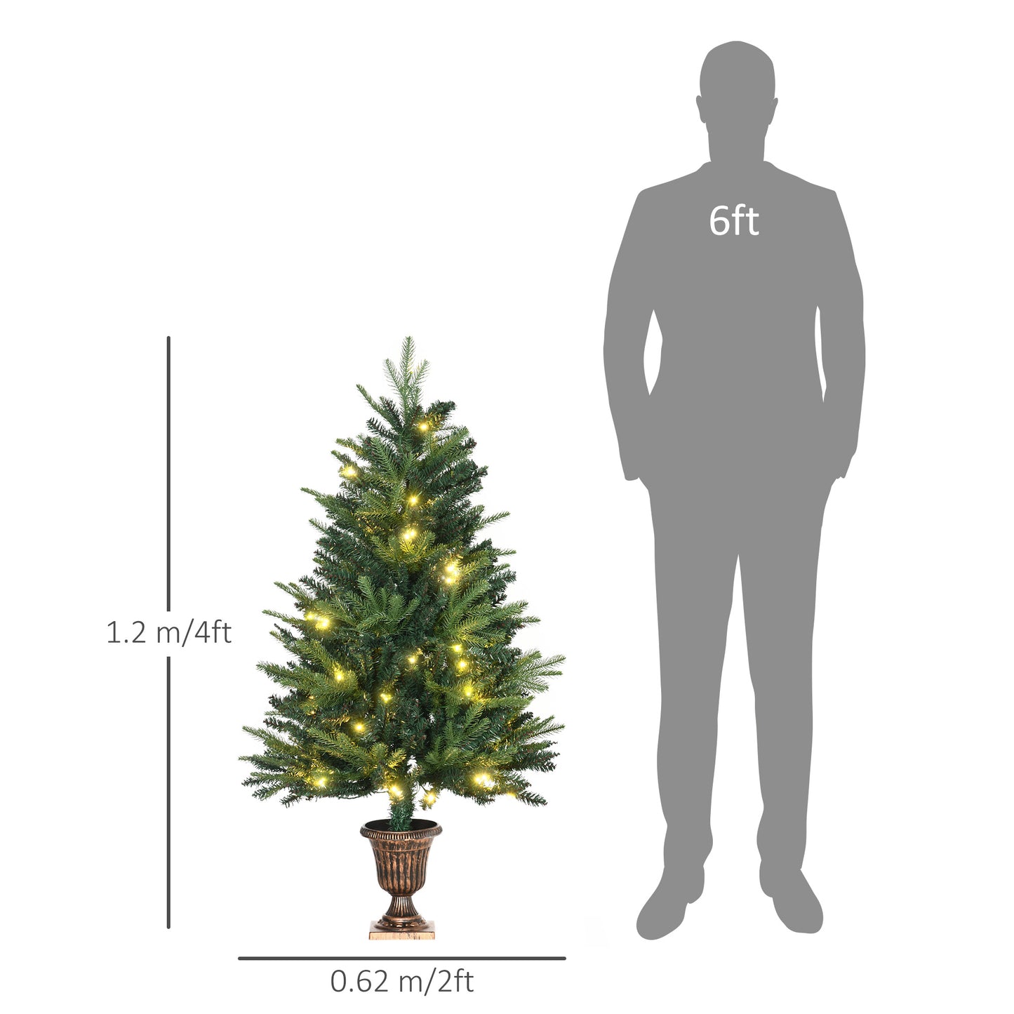 HOMCOM 1.2m 4ft Christmas Tree Entrance Decor 750 Tips Xmas Pre-lit Tree 80 LED with Vase Base
