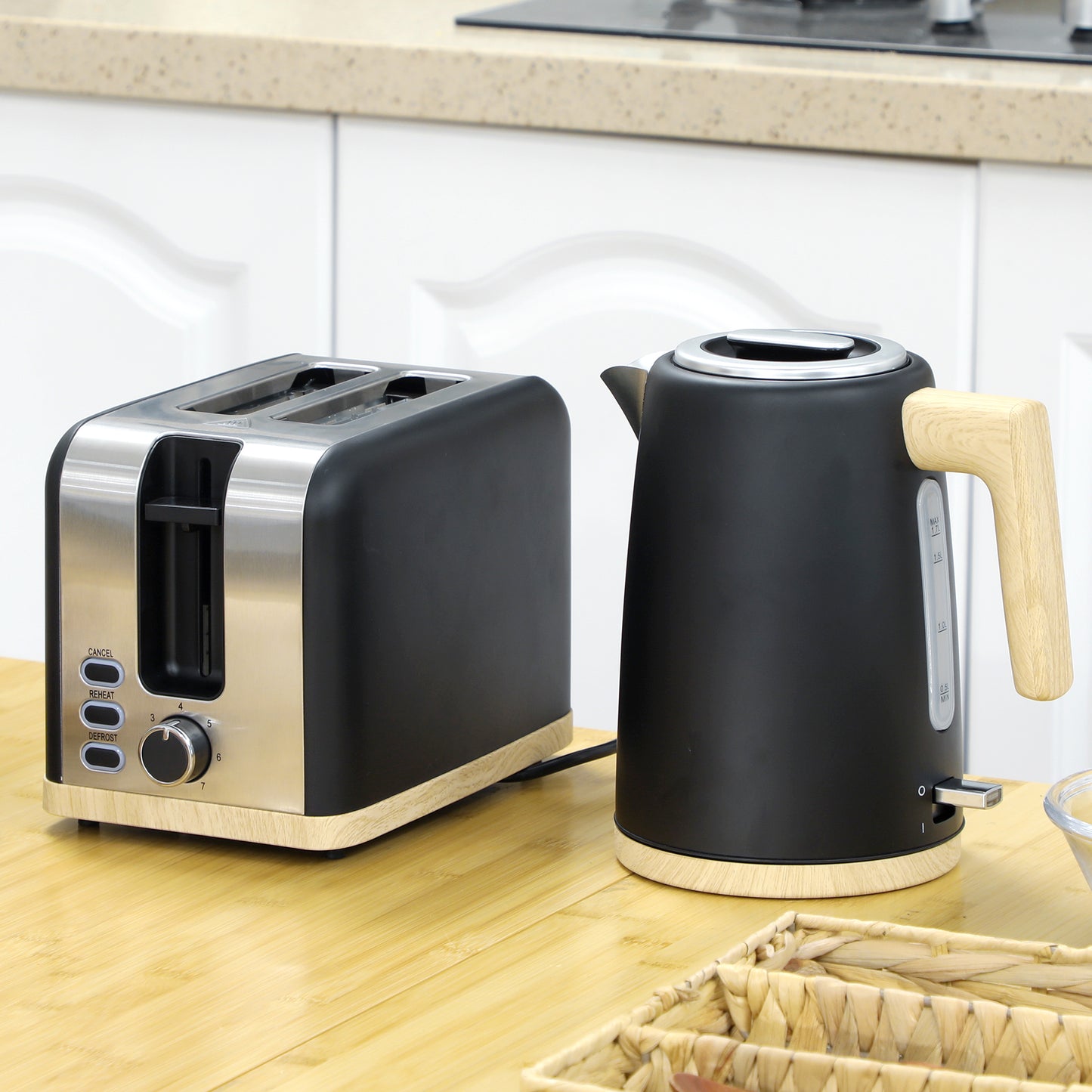 HOMCOM Stainless Steel Kettle and Toaster Set, 1.7L 3000W Fast Boil Kettle & 2 Slice Toaster Kitchen Set with 7 Level Browning Controls, Defrost, Reheat, Auto Off, Boil-dry Protection, Black