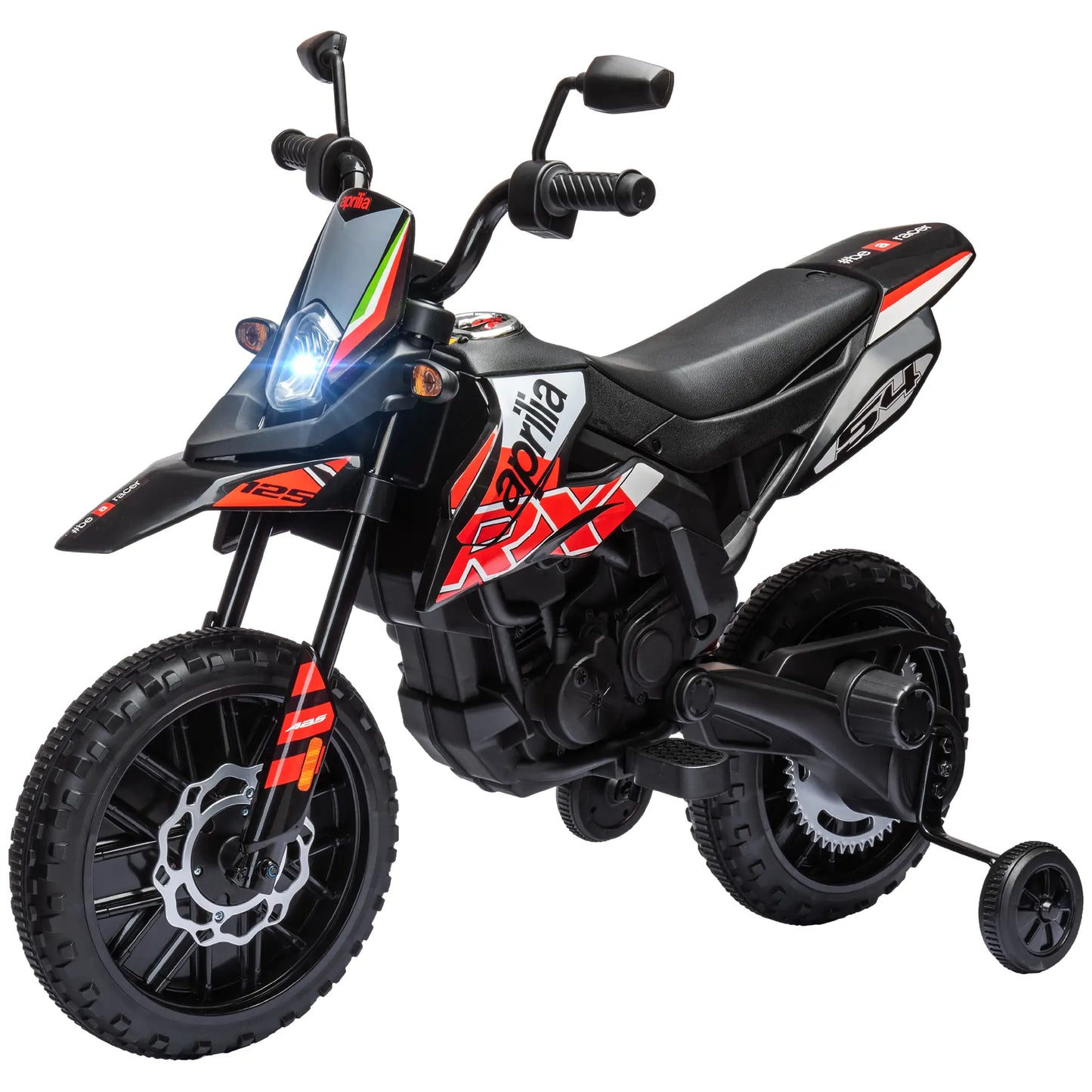 12V Aprilia Licensed Kids Motorbike with Training Wheels, Spring Suspension, LED Headlight, USB, Music, Red/Black
