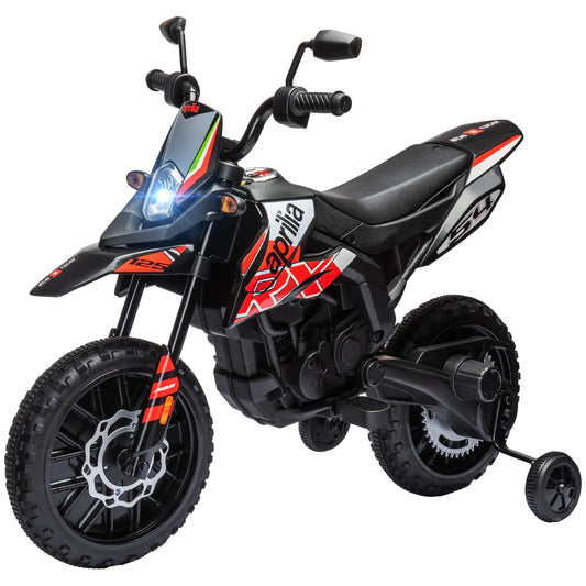 12V Aprilia Licensed Kids Motorbike with Training Wheels, Spring Suspension, LED Headlight, USB, Music, Red/Black