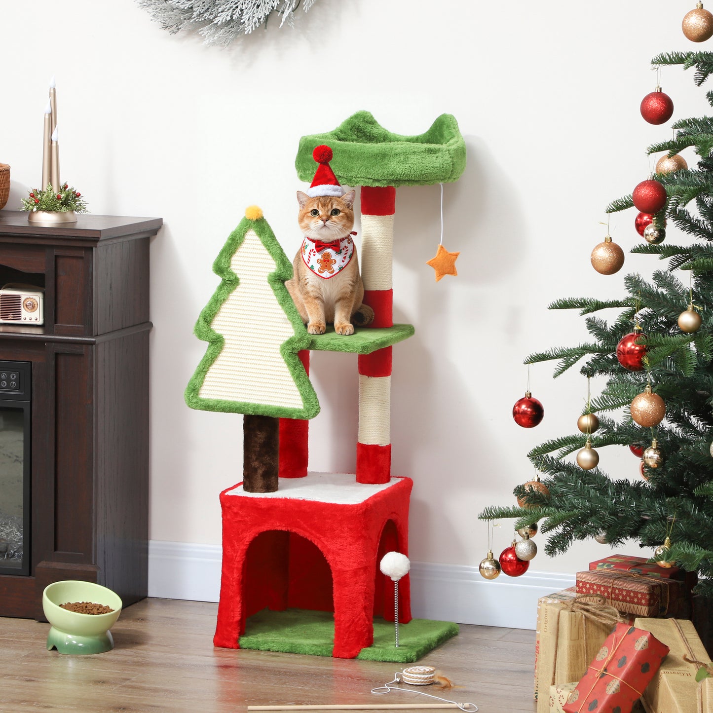 PawHut Christmas Cat Tree, 120cm Cat Tower with Scratching Post & Board, Platform, Toys, Green