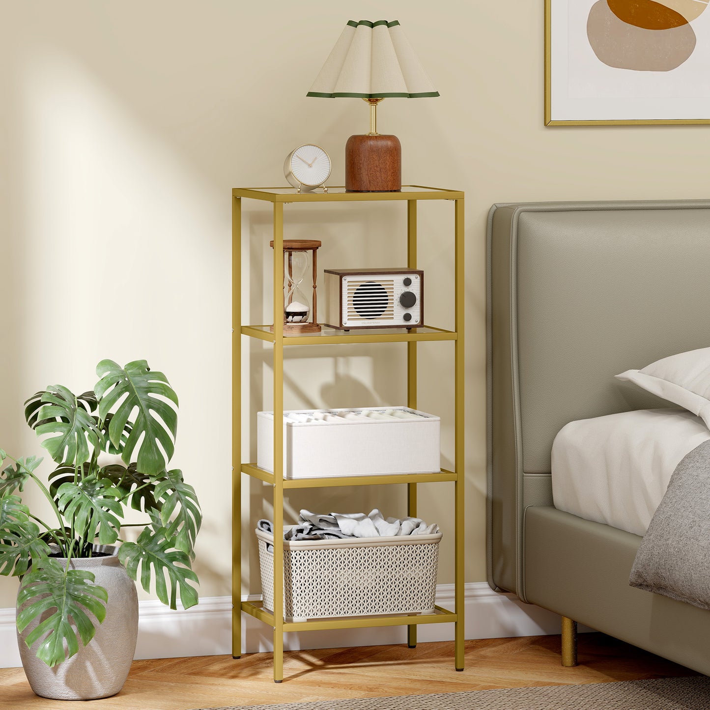 HOMCOM 4-Tier Shelving Unit, Glass Shelf, Vertical Storage Shelf for Living Room, Home Office, Bedroom, Bathroom, Gold Tone