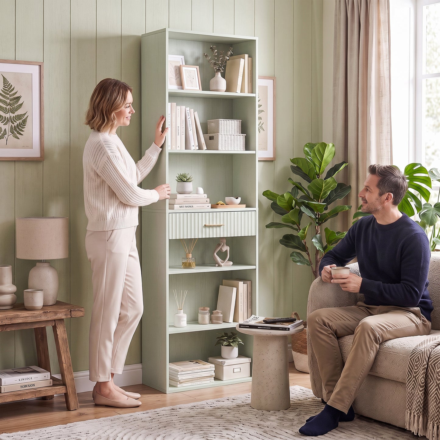 HOMCOM Bookcase Narrow Tall Space-Saving Bookshelf Drawer Open Shelves 60 x 24 x 182 cm Light Green