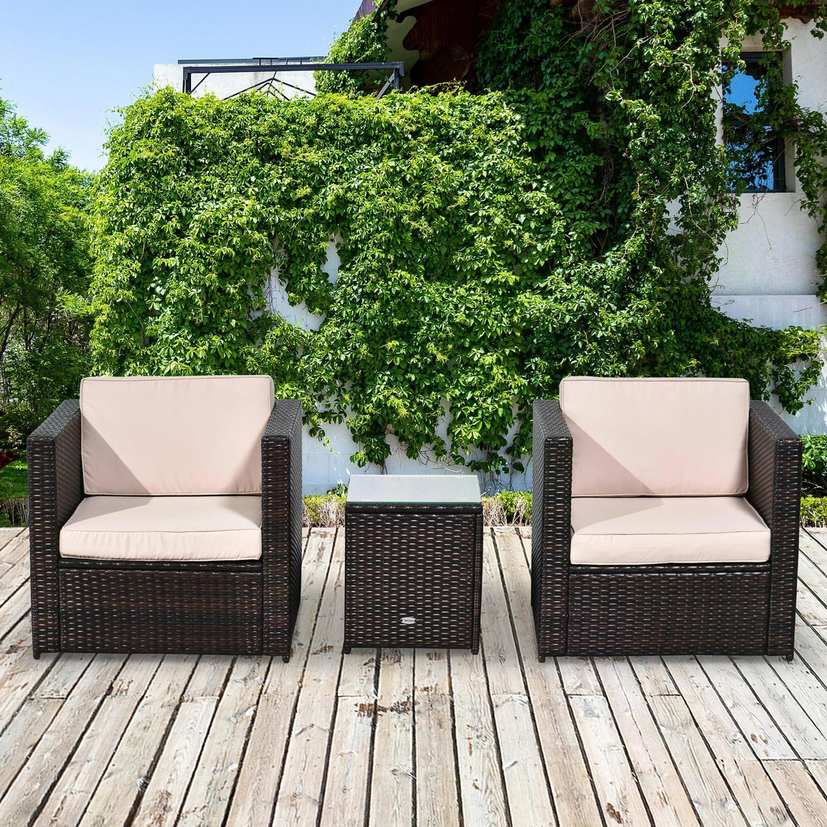 Outsunny 2-Seater Rattan Sofa Furniture Set W/Cushions, Steel Frame-Brown