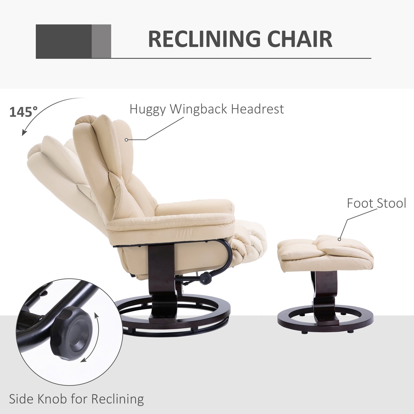 HOMCOM 360° Swivel Recliner Chair with Footstool, PU Leather Manual Recliner Armchair with Footstool, Solid Wood Base, Upholstered Reclining Chair for Living Room, Bedroom, Office, Cream