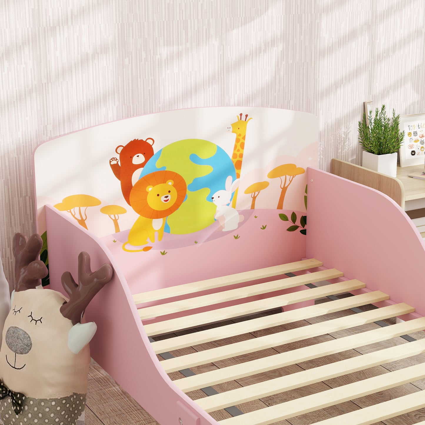 AIYAPLAY Cute Animal-Themed Toddler Bed, with Safety Rails, 143 x 77 x 60cm, Pink