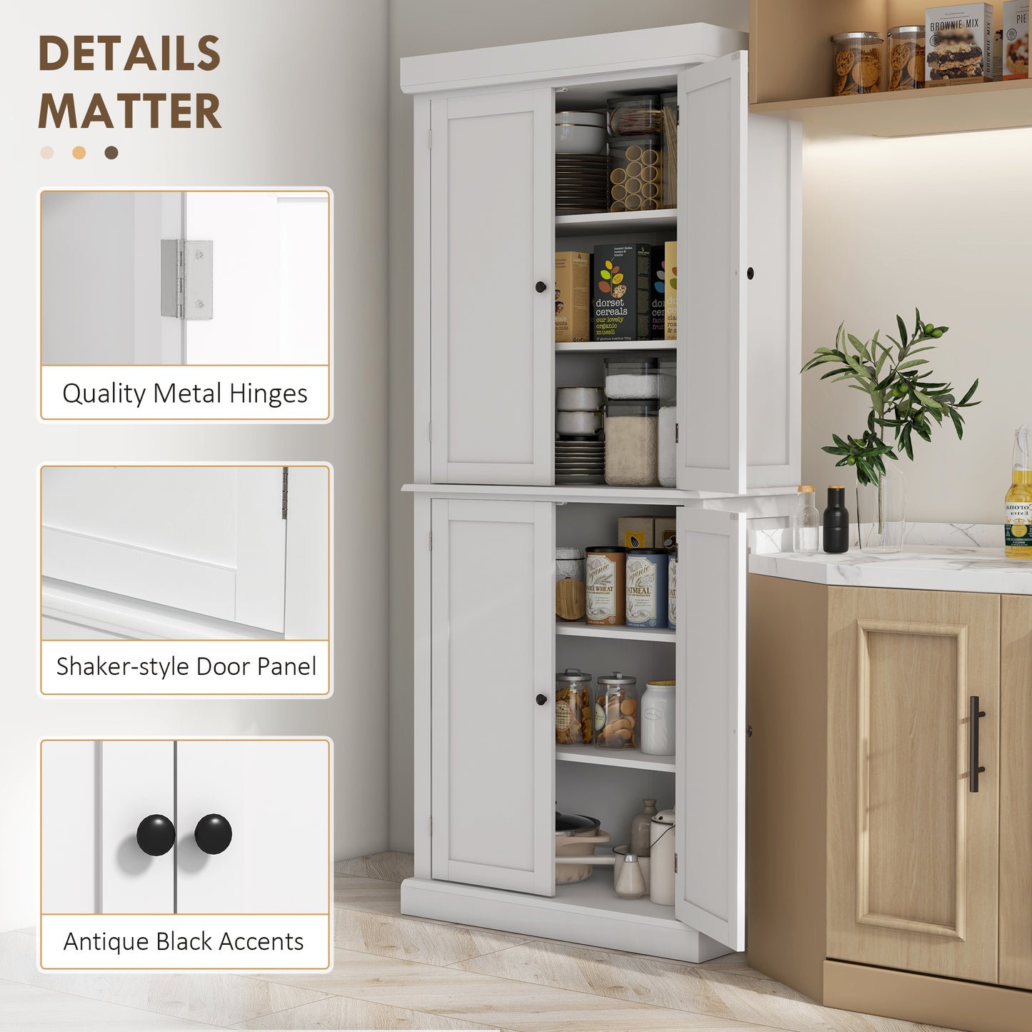 HOMCOM White Kitchen Cupboard with 4 Doors, Tall Design, Adjustable Shelves for Kitchen Storage, White