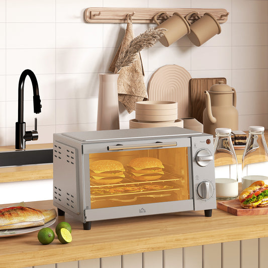 HOMCOM Mini Oven, 9L Countertop Electric Grill, Toaster Oven with Adjustable Temperature, Timer, Dishwasher Safe Baking Tray and Wire Rack, 750W, Silver