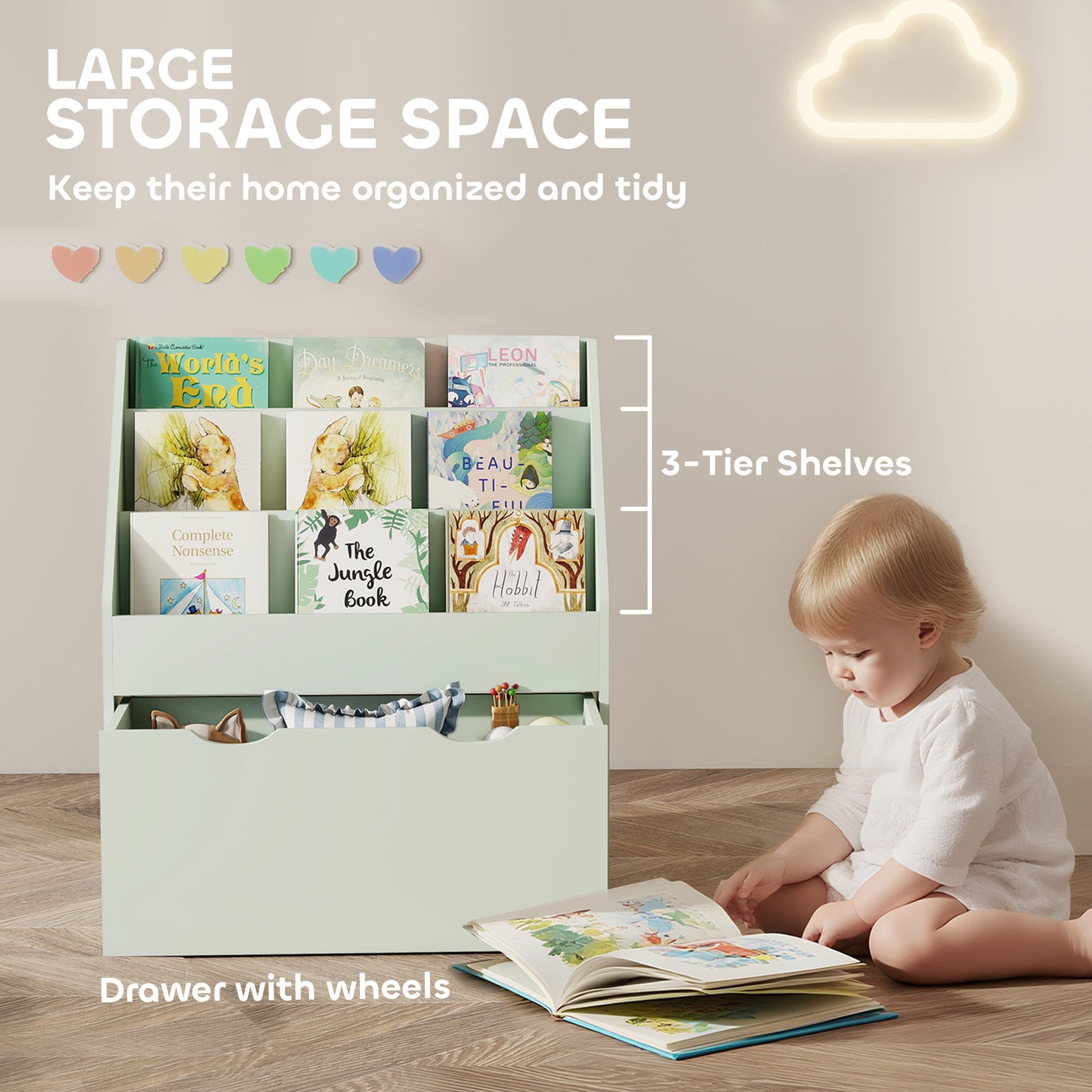 AIYAPLAY Bookcase for Kids with Shelves, Drawer, Bookcase for Bedroom, Playroom, Green