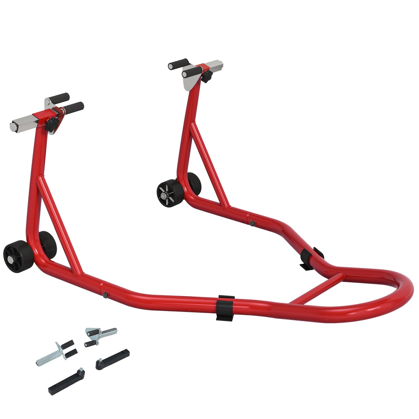 HOMCOM Front Motorcycle Paddock Stand Motorbike Stand with Anti-Slip Mat, Adjustable Pin and Swingarm Spool Adaptors, 200 kg Capacity, for 18", 17" and 10" Tyre, Red