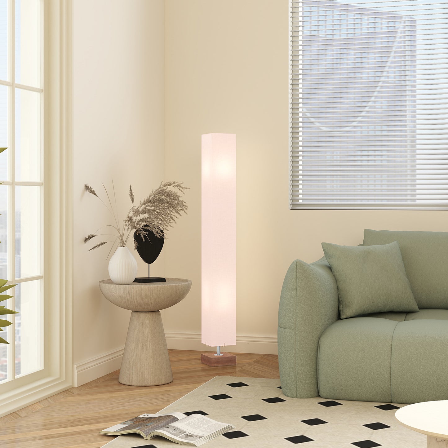 HOMCOM Floor Lamp, 120cm Standing Lamp with Linen Lampshade, Standard Light with Pine Wood Base for Living Room, Bedroom (Bulbs Not Included)