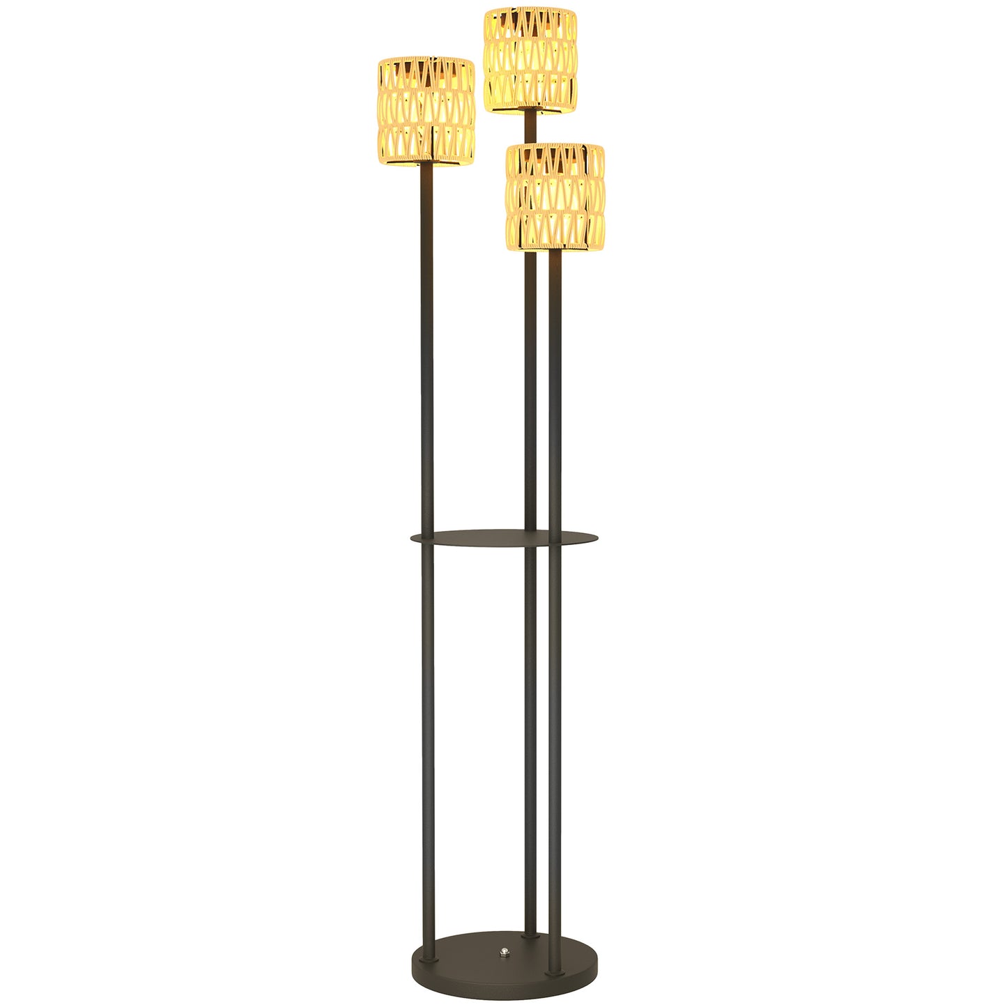 Outsunny Boho Rattan Floor Lamp, 3-Lights Rattan Lamp with Shelf, Freestanding Solar Garden Light with Auto On/Off Lights, IP44 Waterproof for Porch, Pathway, Terrace, Yellow