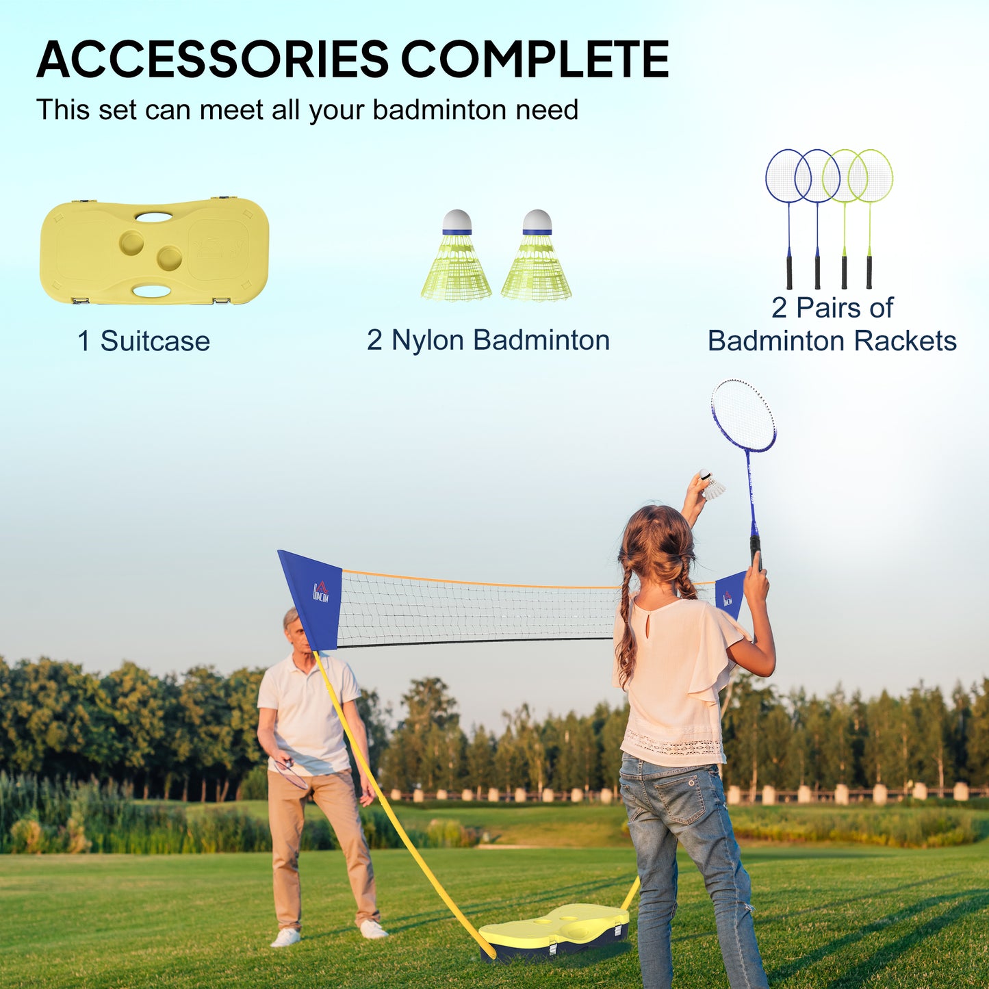 HOMCOM 2.8m Portable Folding Badminton Net Set with 4 Badminton Rackets and 2 Nylon Shuttlecocks, for Adults Kids Indoor Outdoor Exercise Training