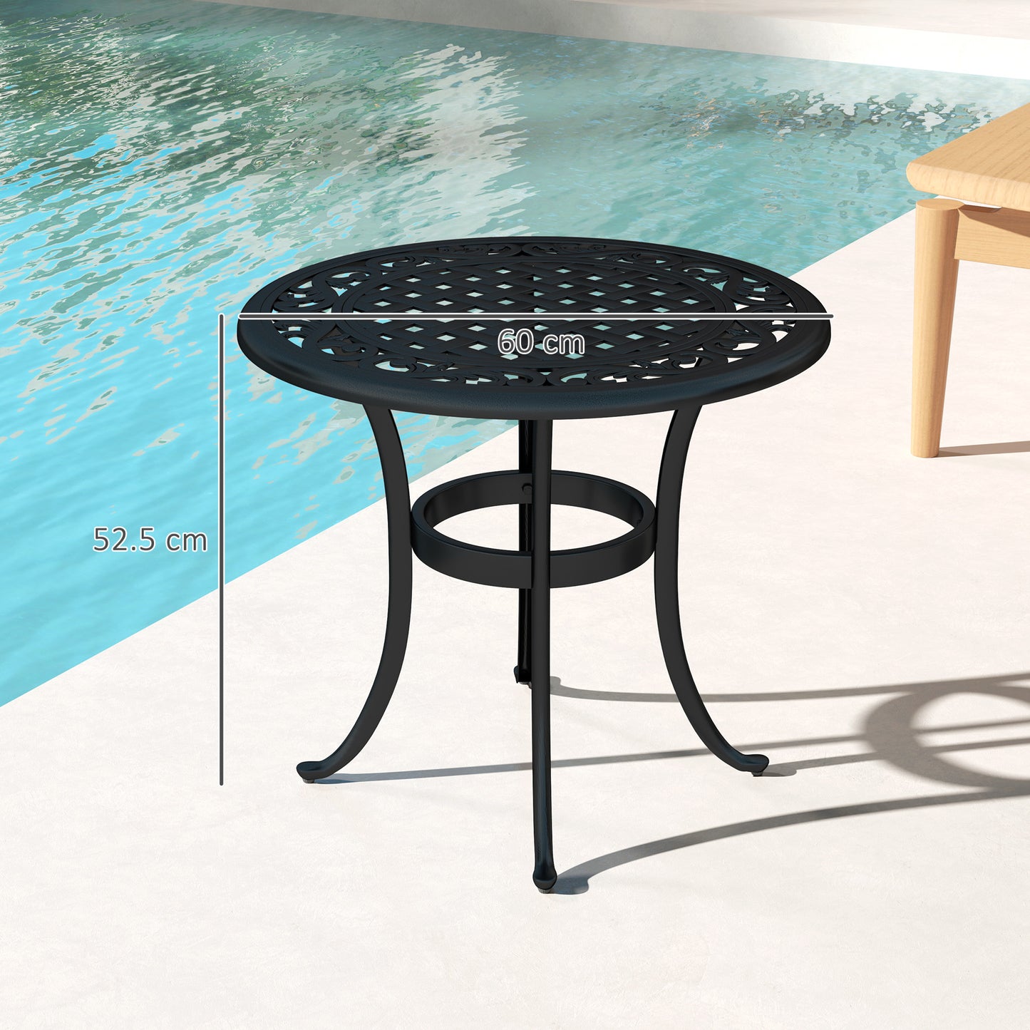 Outsunny Outdoor Garden Table, Cast Aluminium Patio End Table with Anti-slip Foot Pads for Garden, Patio, Balcony, 60 x 52.5cm, Black