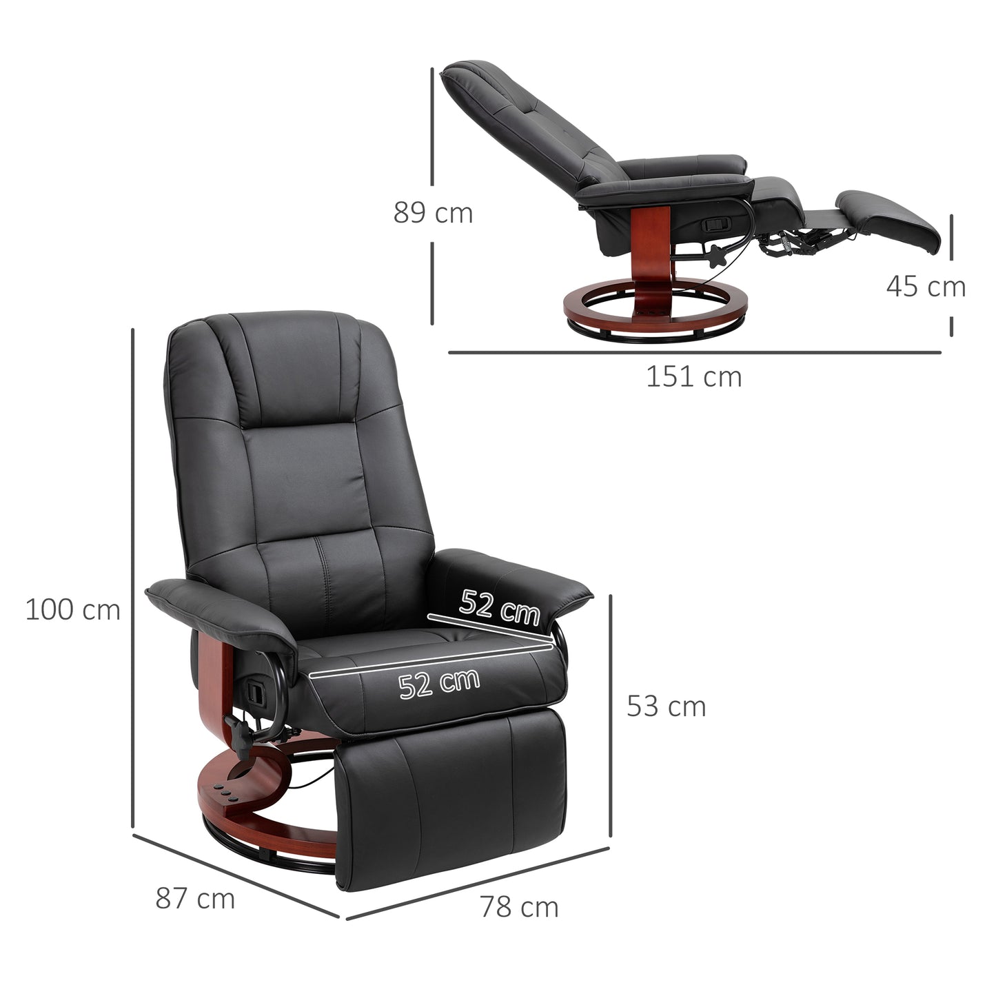 HOMCOM 360° Swivel Recliner Chair with Footstool, Faux Leather Upholstered Armchair for Living Room, Bedroom, Office, Black
