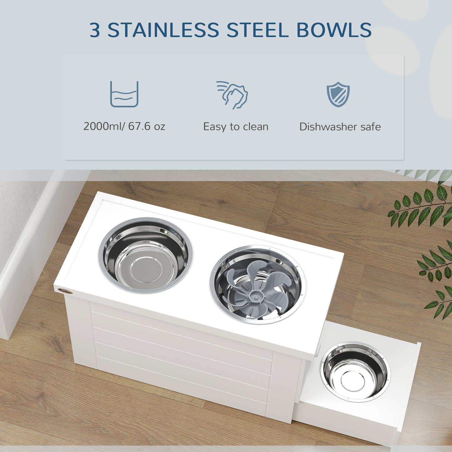 PawHut Raised Dog Bowls w/ Slow Feeder Mat, Storage Cabinet, Three Stainless Steel Bowls, Semi Auto Dispenser Function, White