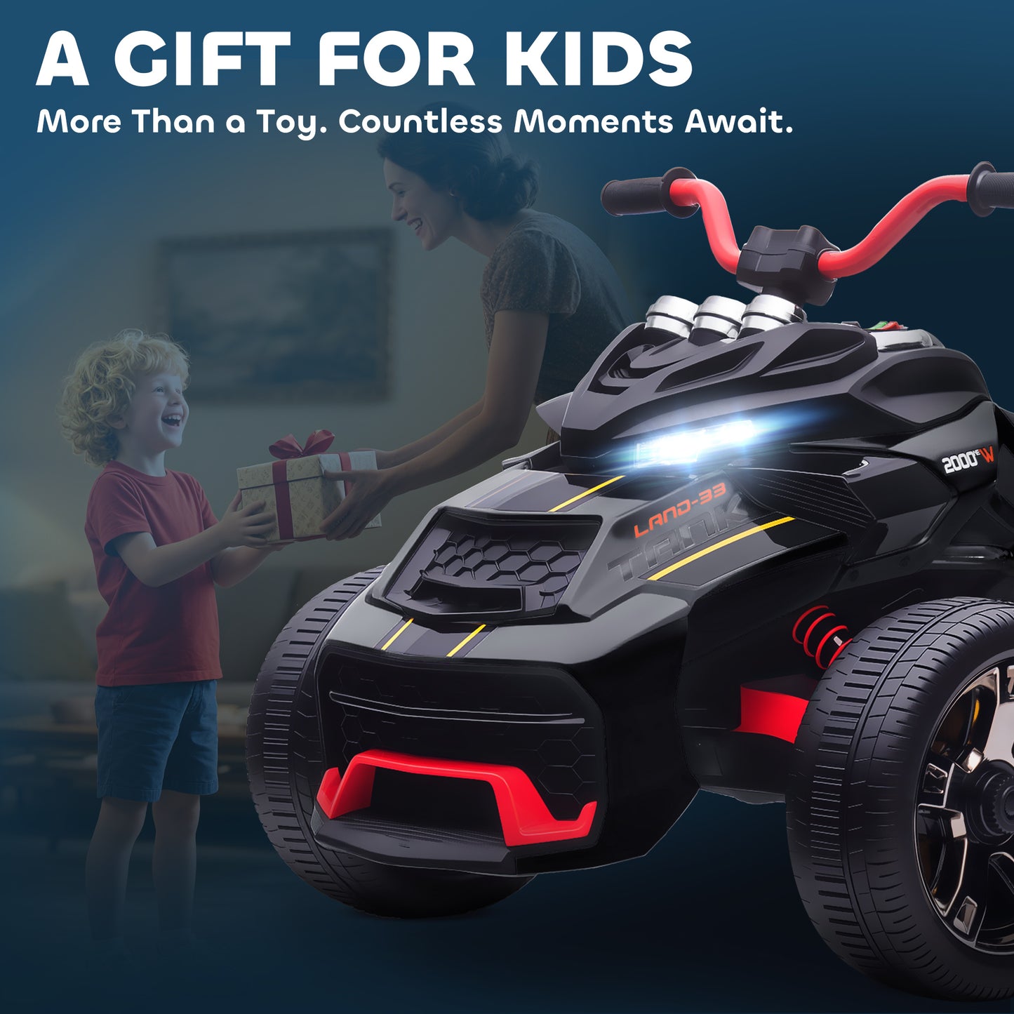 AIYAPLAY 12V Kids Electric Ride On Car with 3 Wheeler, MP3 Player, Horn, 2 Speeds, LED Lights for Boys & Girls Ages 3-8, Black