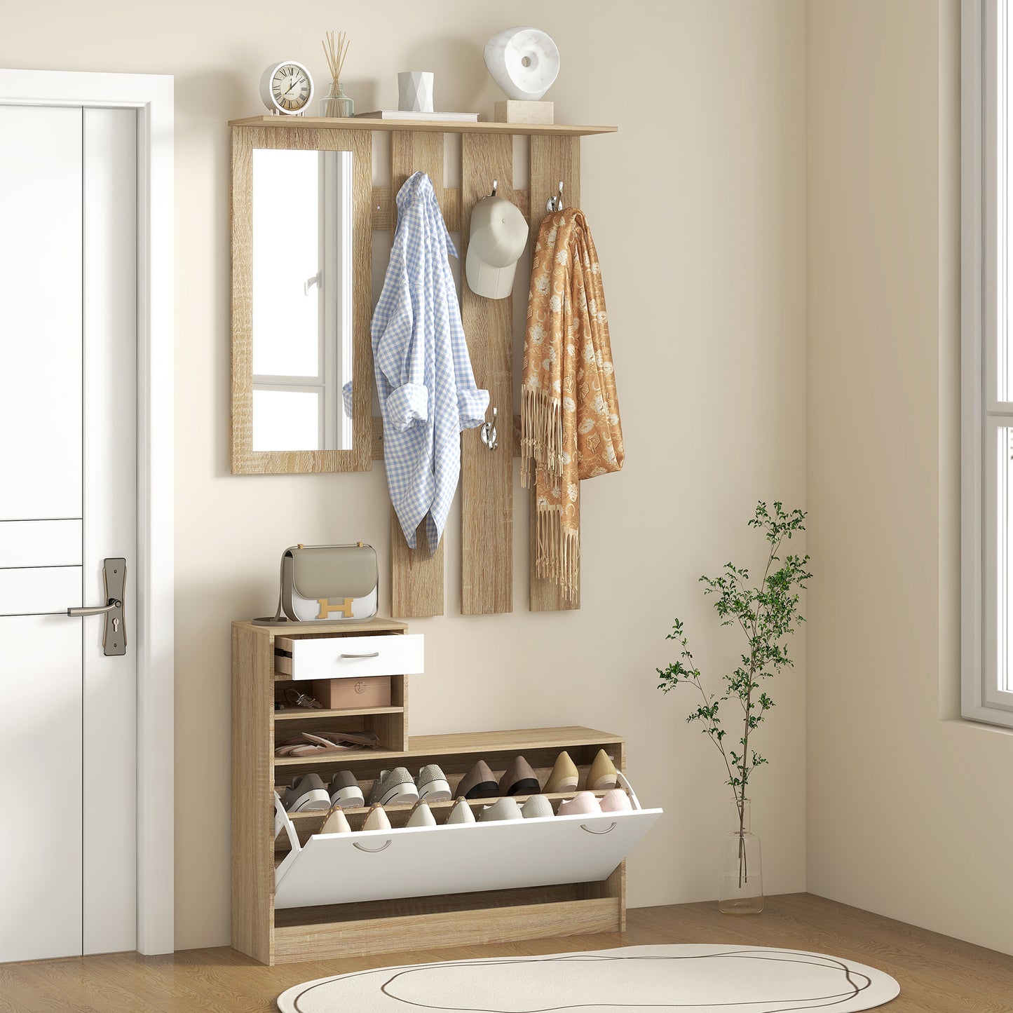 HOMCOM Three-in-One Hallway Storage Set - Natural Wood Finish/White