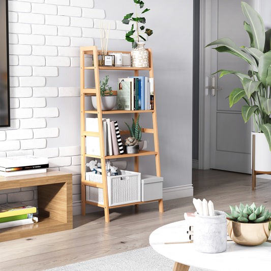 HOMCOM Bamboo Ladder Shelf, 4-Tier Bookshelf, Freestanding Bookcase for Living Room, Study, Bedroom, Home Office, 48 x 31.5 x 120cm, Natural Wood Effect