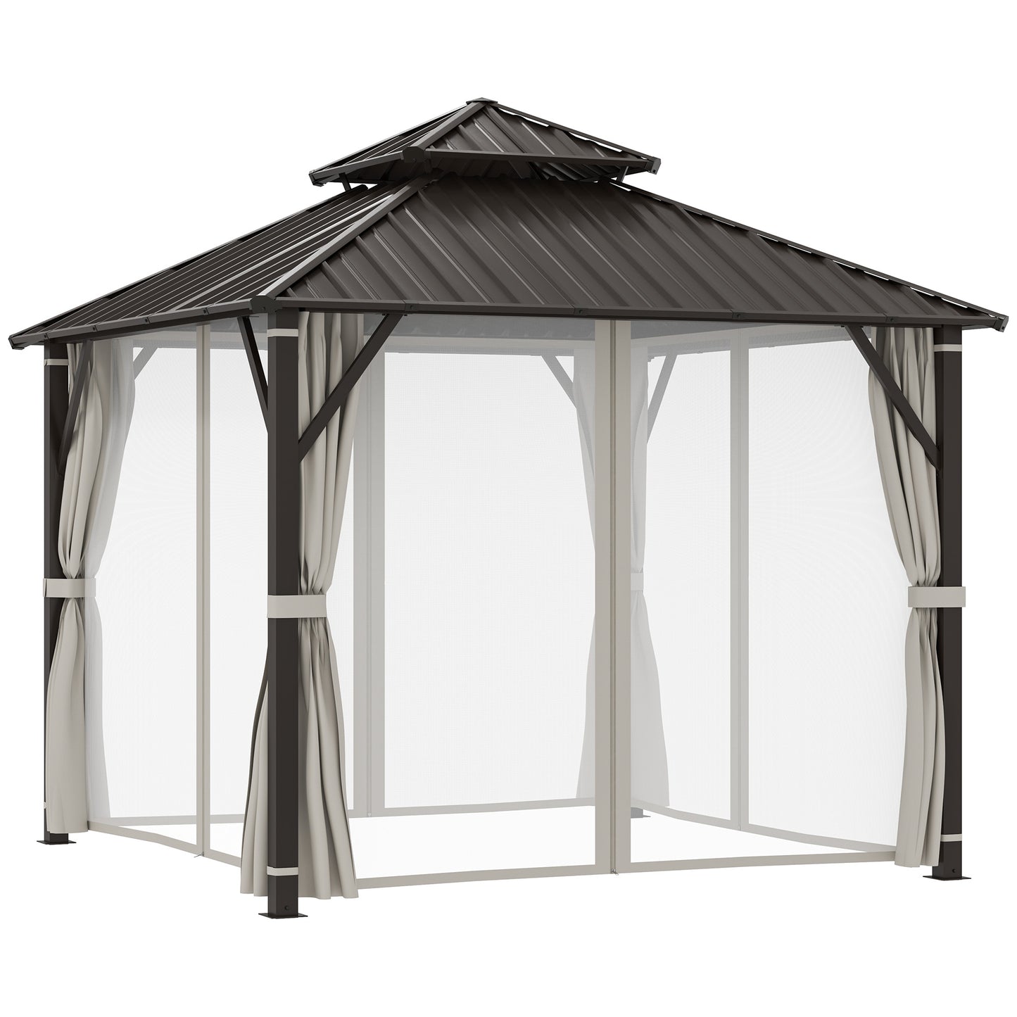 Outsunny 3 x 3(m) Hardtop Gazebo Canopy with Double Metal Roof, Waterproof Permanent Pavilion Garden Gazebo with Netting and Curtains, Easy to Assemble, Beige