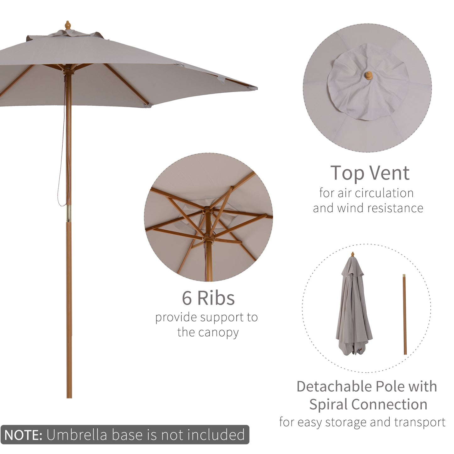 Outsunny 2.5m Wood Garden Parasol Sun Shade Patio Outdoor Wooden Umbrella Canopy, Table Market Umbrella with Vent, 38mm Pole, Rope Pulley Mechanism, Grey