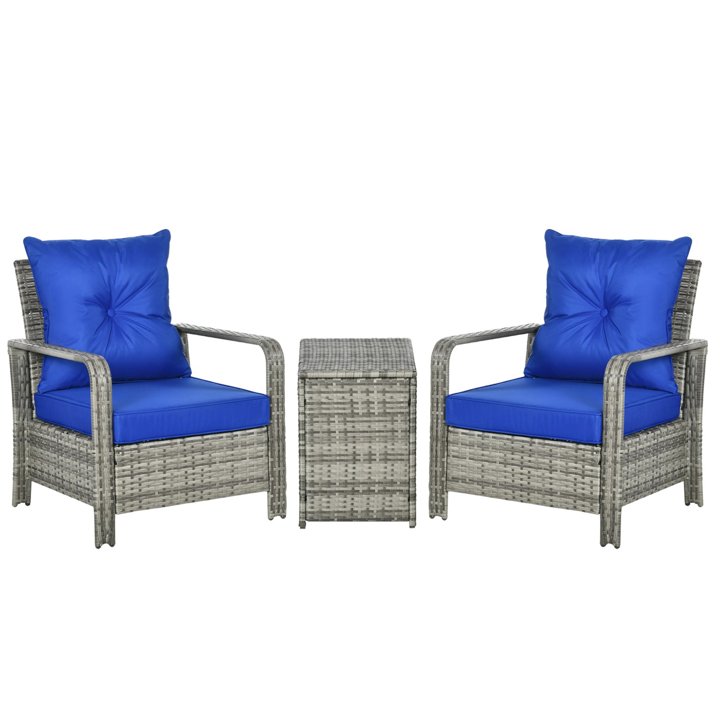 Outsunny 3 Pieces Rattan Bistro Set, Wicker Garden Furniture Set with Storage Coffee Table and Chairs, Thickened Cushions for Outdoor, Patio, Balcony, Blue