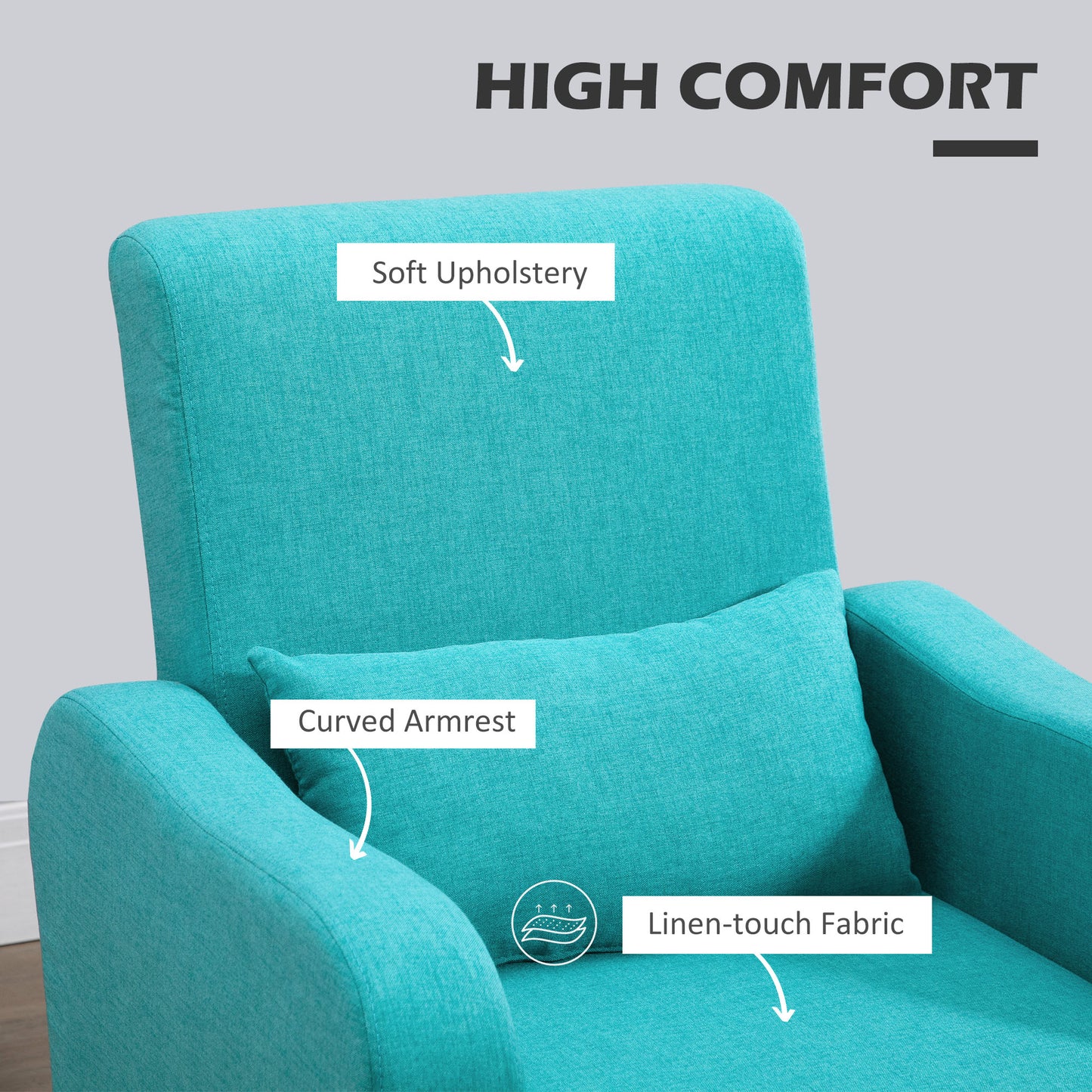 HOMCOM Accent Chair, Linen-Touch Armchair with Pillow, Upholstered Leisure Lounge Sofa for Living Room, Club Chair with Rubber Wooden Frame, Teal