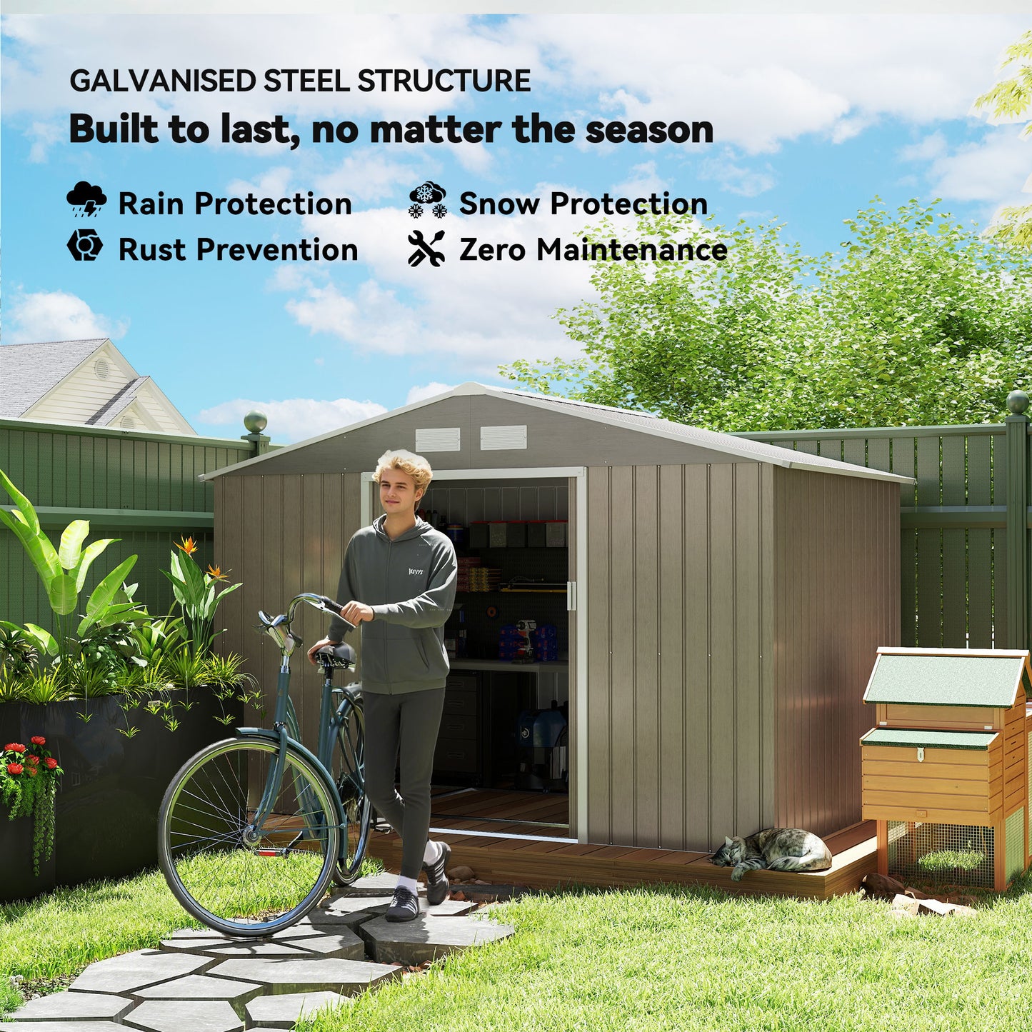Outsunny 9 x 6ft Steel Garden Shed, Outdoor Storage Tool House with Vents, Foundation and Lockable Double Doors, Brown