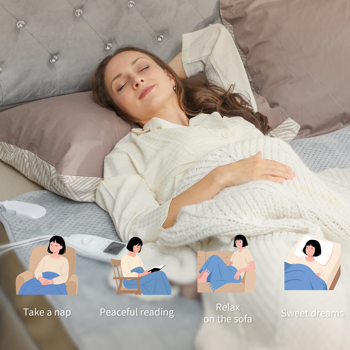 HOMCOM Heated Electric Blanket, Warm Throw Blanket with 5 Heating Levels, 10 Hour Auto-Off Timer, Grey