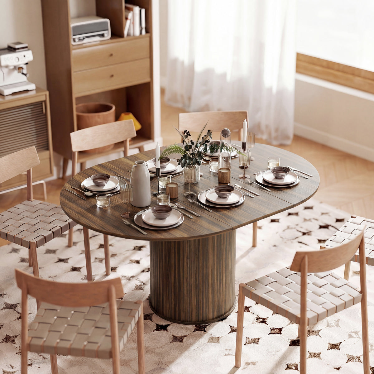 HOMCOM Extendable Round Dining Table Kitchen Table Hidden Leaf Storage Pedestal Base Seats 6-8 110-150 cm Dark Walnut