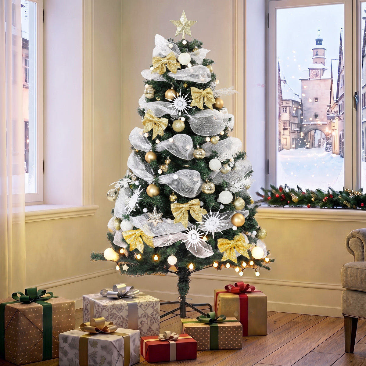 HOMCOM 5ft Pre-Lit Christmas Tree with 150 LED Lights, Artificial Xmas Tree with 8 Lighting Modes, 450 Tips, Remote, Green