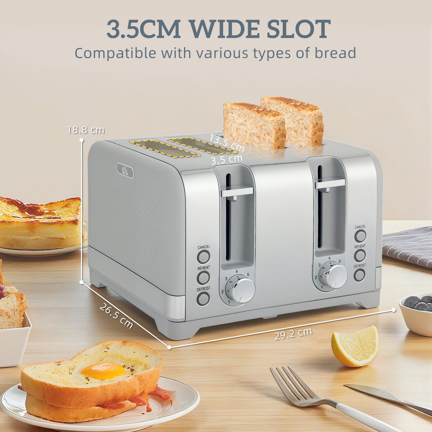 HOMCOM Sleek Textured Kettle and Four-Slice Toaster Set - Grey