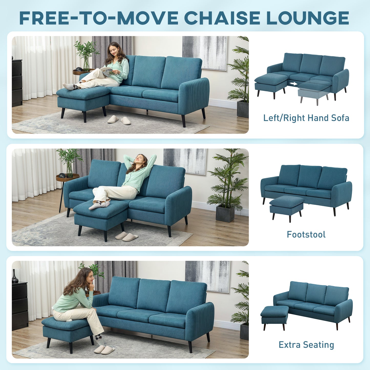 HOMCOM 3 Seater Sofa with Ottoman, 196cm Corduroy L-shaped Sofa Couch with Scatter Back, Reversible Chaise Lounge for Living Room, Home Office, Small Spaces, Blue