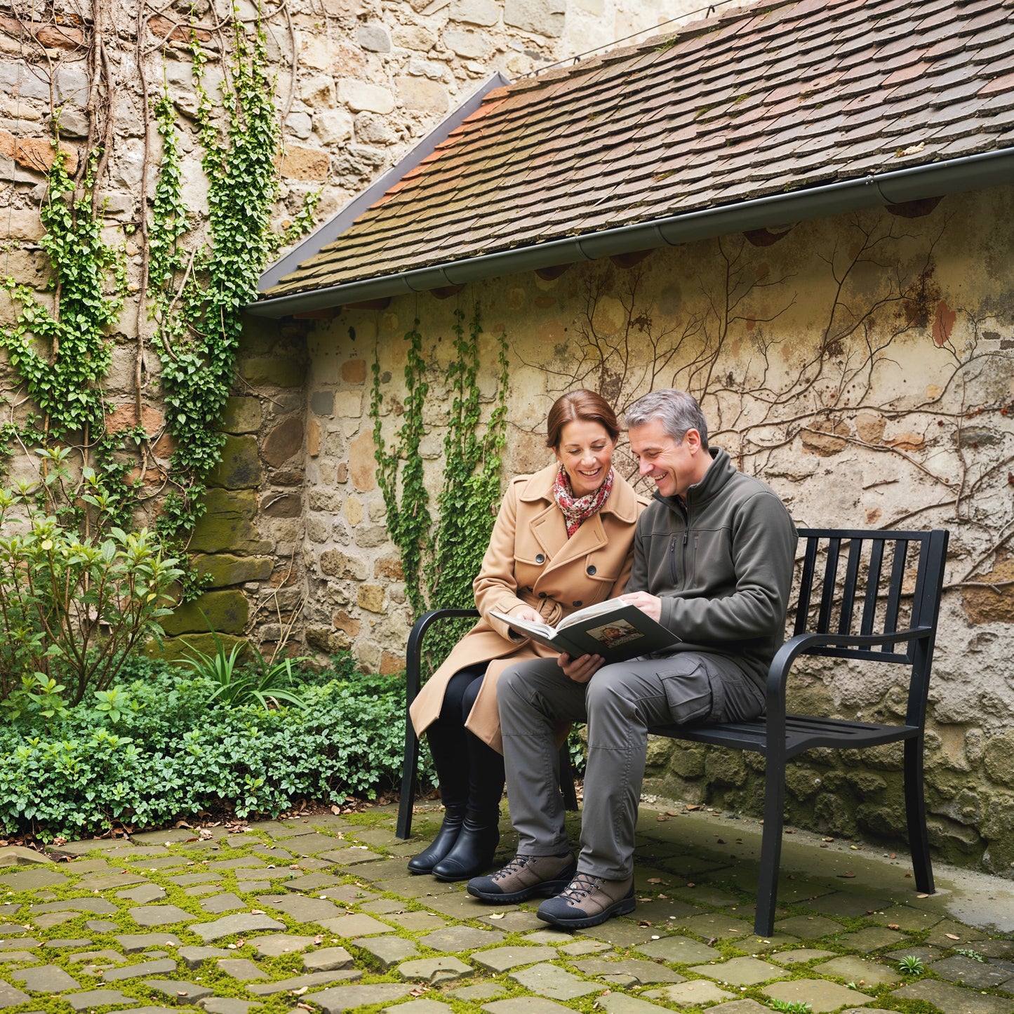 Outsunny Metal Garden Bench Loveseat with Slatted Seat, Black