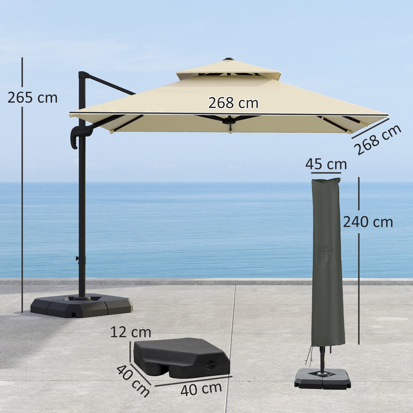 Outsunny 2.7 x 2.7 m Cantilever Parasol with Aluminium Frame, Crank and Tilt, 360-Degree Rotation, Double Top Garden Umbrella with Base and Cover, Khaki