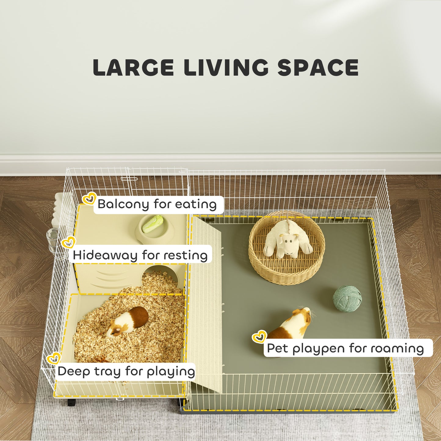 PawHut Small Animal Cage with Removable Pet Playpen, Guinea Pig Cage with Waterproof Pad, Hay Feeder, 108 x 71 x 57cm, Beige