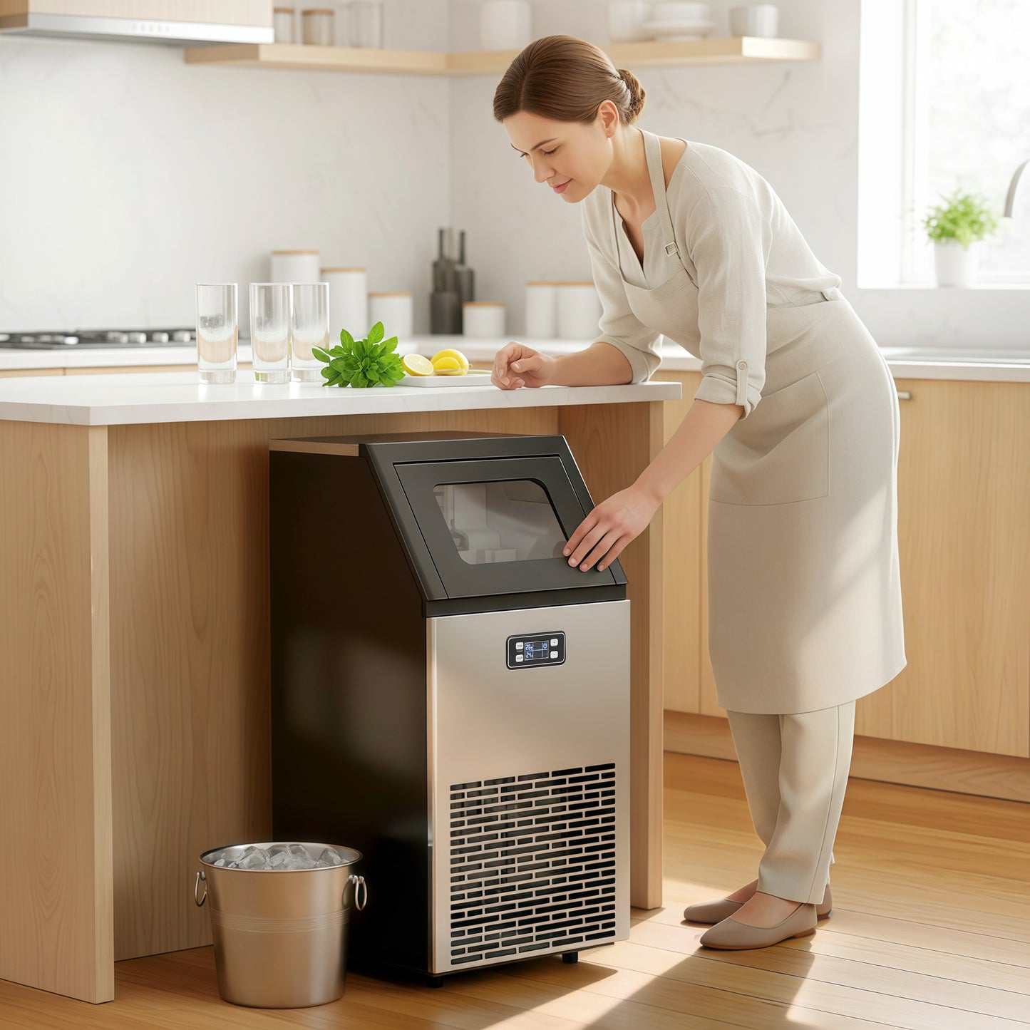 HOMCOM Commercial Ice Maker Machine, Freestanding Stainless Steel Ice Machine with Self-Cleaning, LCD Display, 45kg/24 Hours and 11kg Storage for Home, Office, Bar, Restaurant