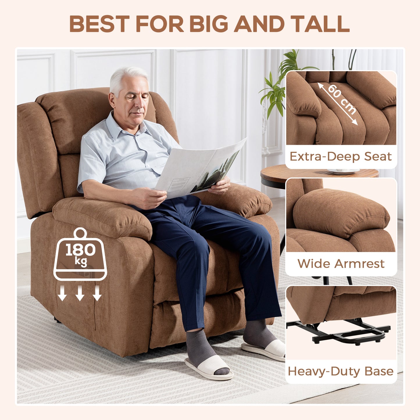 HOMCOM Power Lift Recliner Chair with Massage, Overstuffed Lift Chair for Elderly with Footrest, Remote and Side Pocket, Brown
