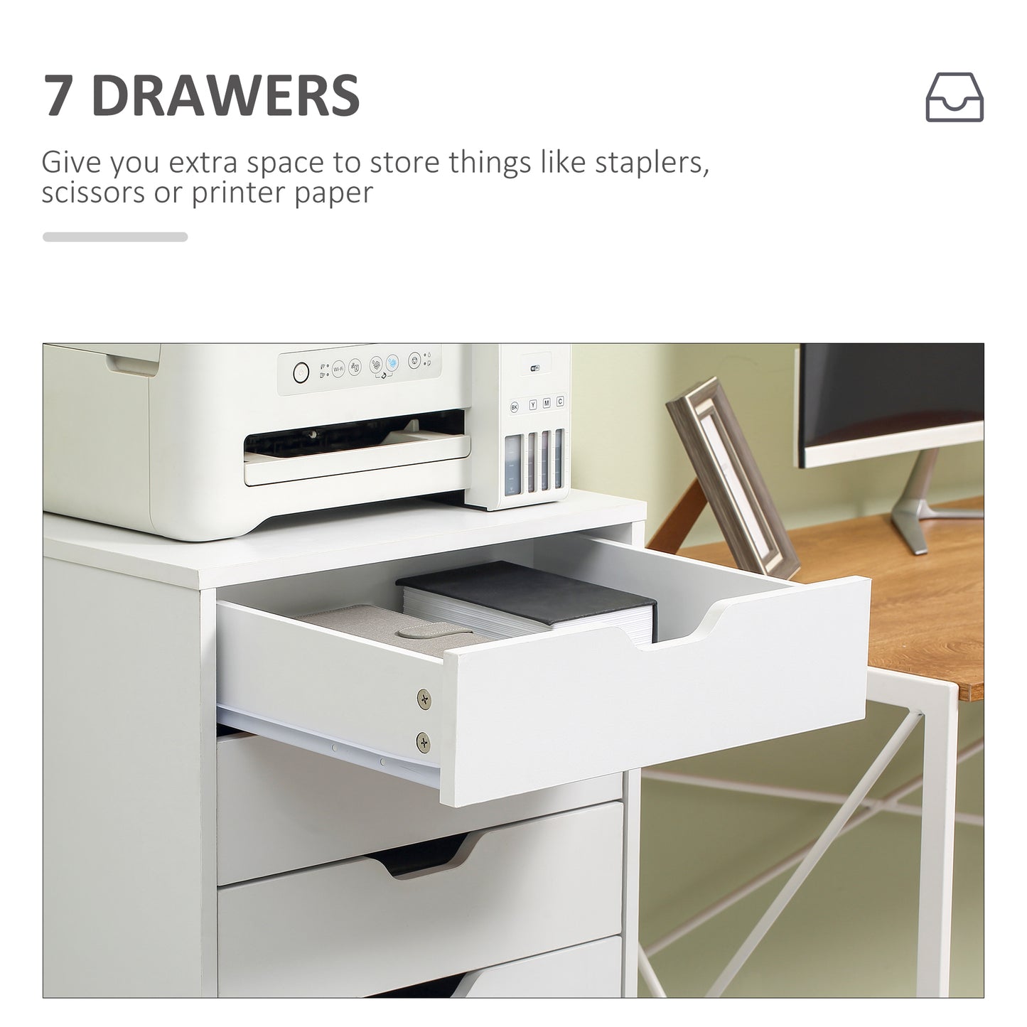 Vinsetto Seven-Drawer Filing Cabinet, with Wheels - White