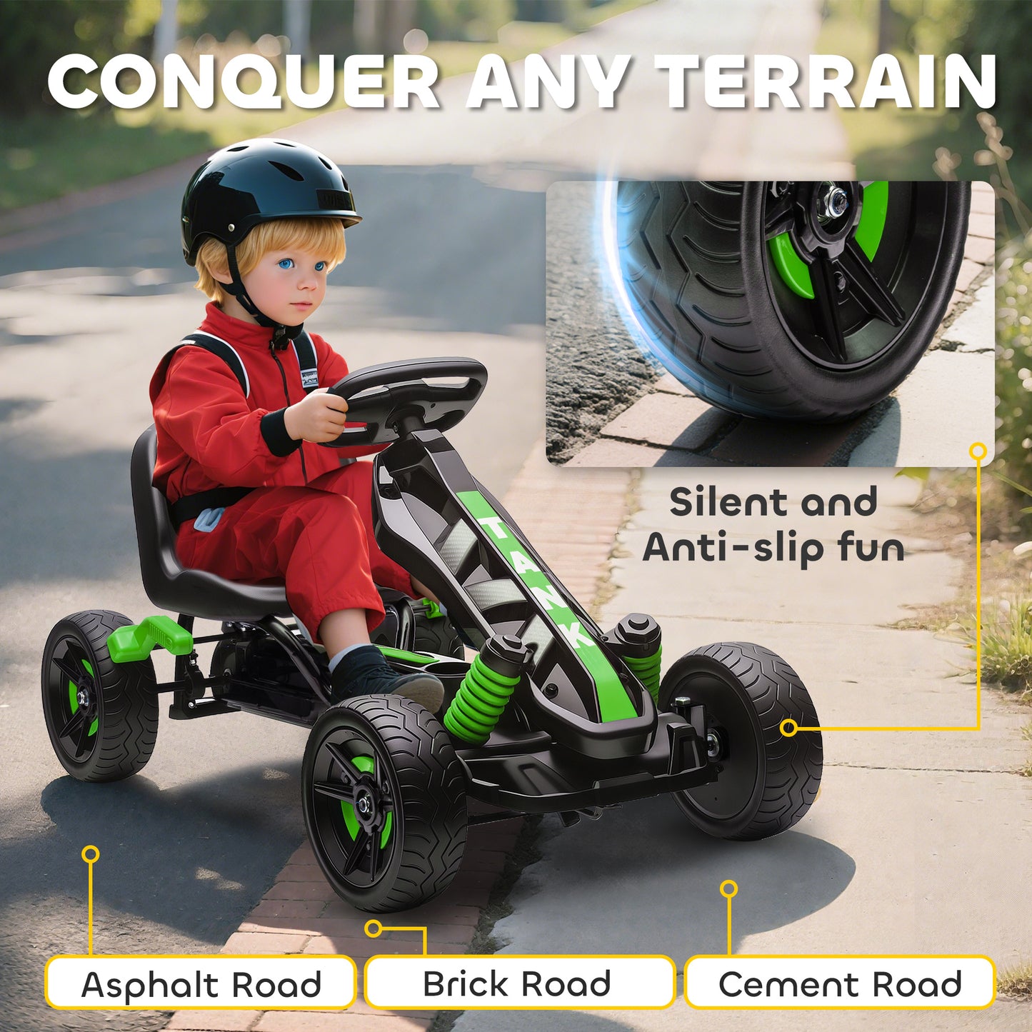 AIYAPLAY Pedal Go Kart for Kids Aged 3-6 Years, with Freewheel System, Brake, EVA Anti-Slip Wheels, Green