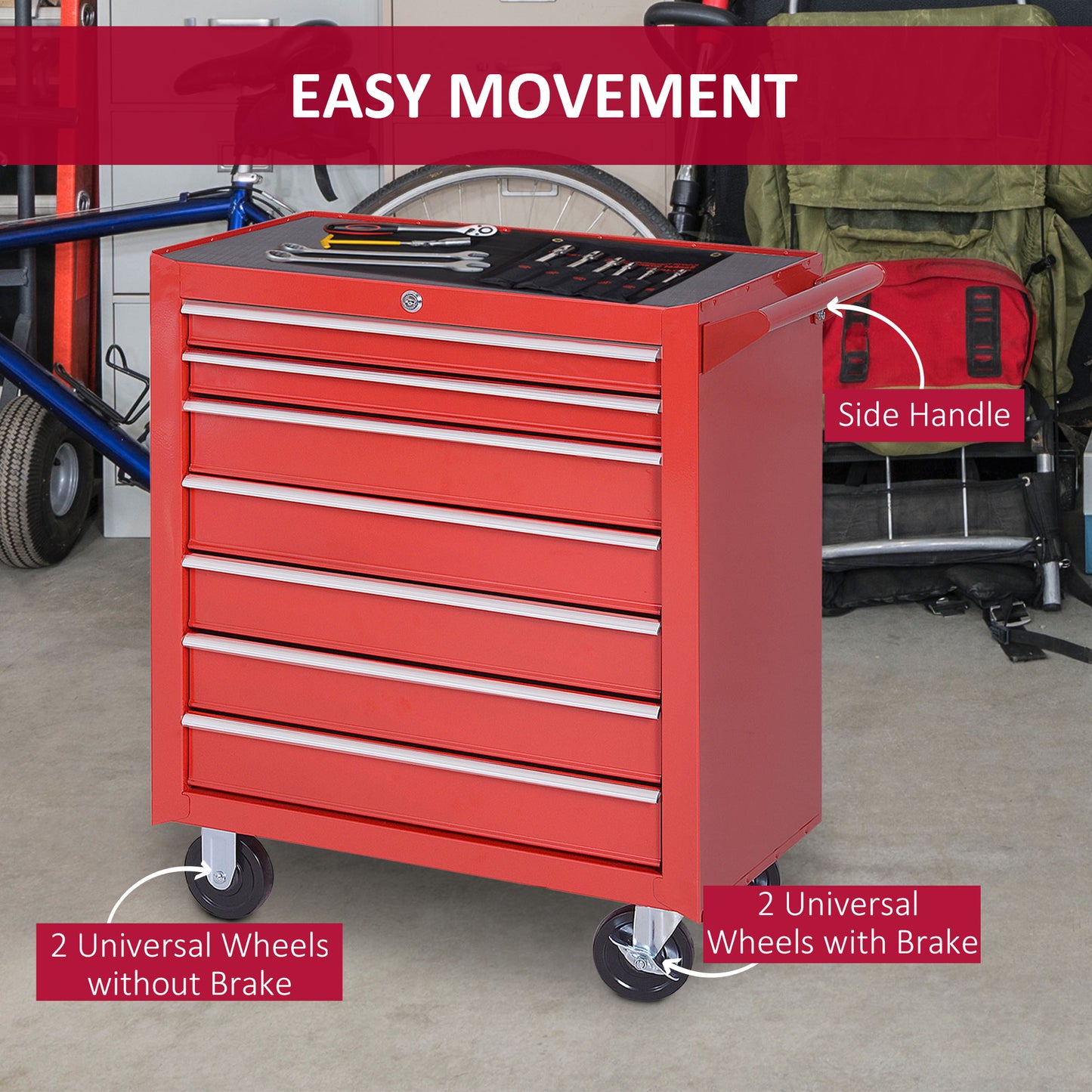 DURHAND Tool Box Chest on Wheels, 7-Drawer, Lockable Metal Tool Cabinet for Garage, Workshop, Red