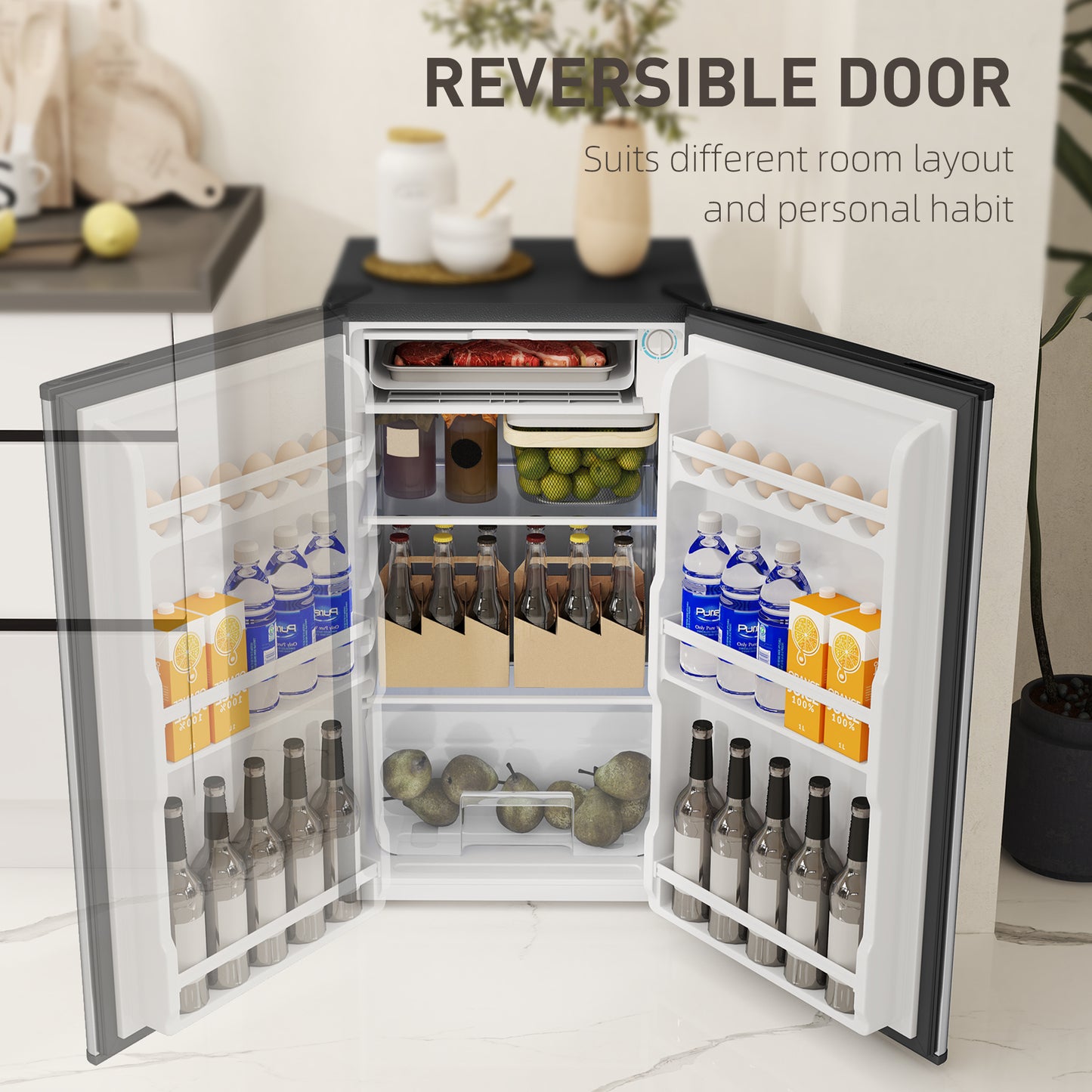 HOMCOM 91 Litre Freestanding Under Counter Fridge Freezer, Small Fridge with Chiller Box, Adjustable Thermostat, 47.5cm Wide, Silver Tone