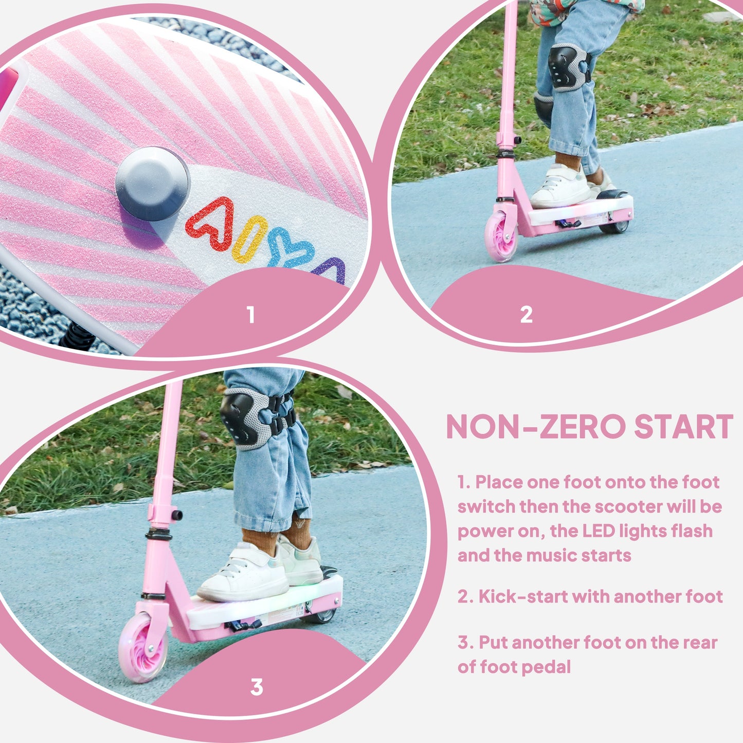 AIYAPLAY Electric Scooter for Kids Aged 4-7 Years, with Flashing LED Lights, Rear Auxiliary Wheels, Pink