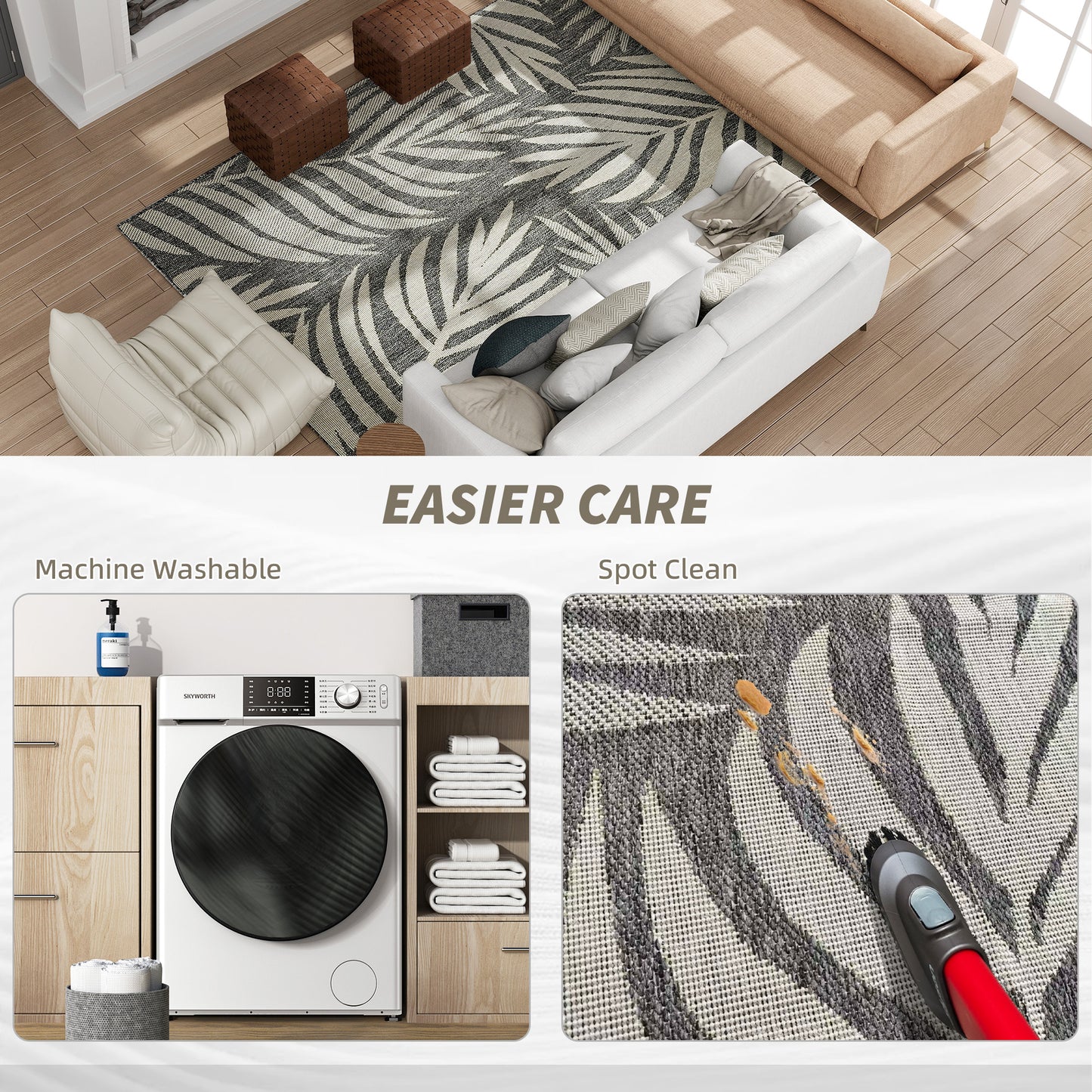 HOMCOM UV Resistant Indoor & Outdoor Area Rug, Easy-Cleaning Machine Washable Rug for Patio, Garden, Kitchen, Bathroom or Living Room, 230 x 160 cm, Grey