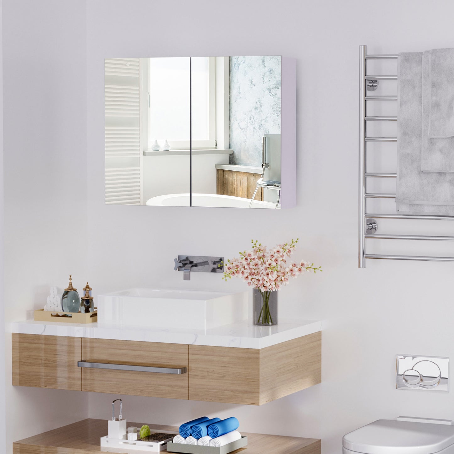 HOMCOM 80 x 15 cm Double Door Bathroom Mirror Cabinet - White