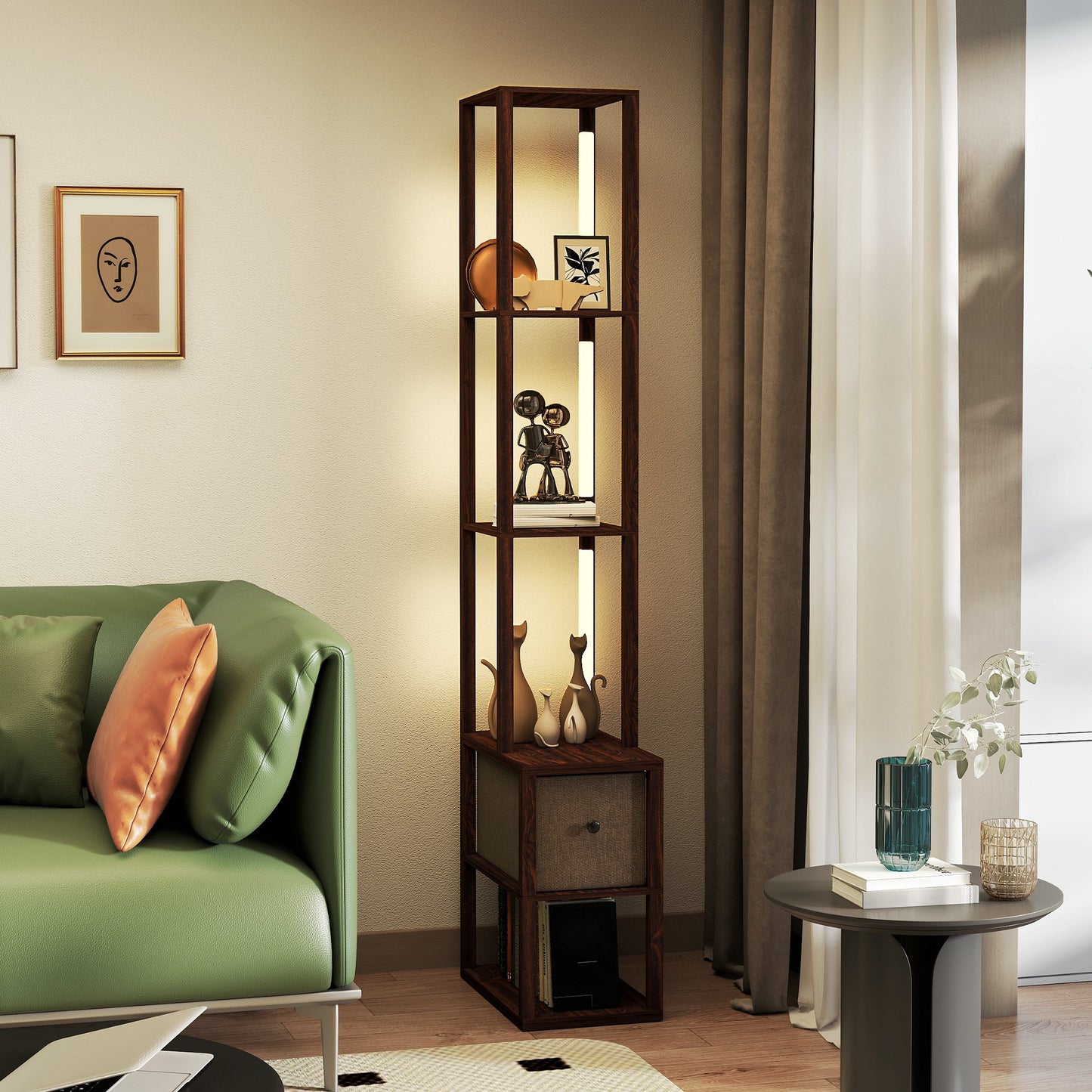 HOMCOM Floor Lamp with Shelves, LED Column Modern Standing Lamp with Fabric Drawer, Adjustable Brightness, Foot Switch for Living Room, Bedroom, Office, Dark Brown