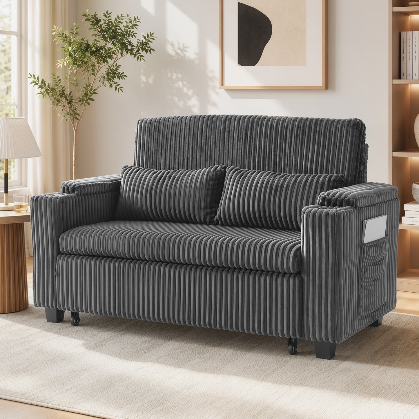 HOMCOM 2 Seater Sofa Bed, Pull Out Sleeper Sofa w/ Adjustable Backrest, Storage Armrests, Cup Holders, Side Pockets, Dark Grey