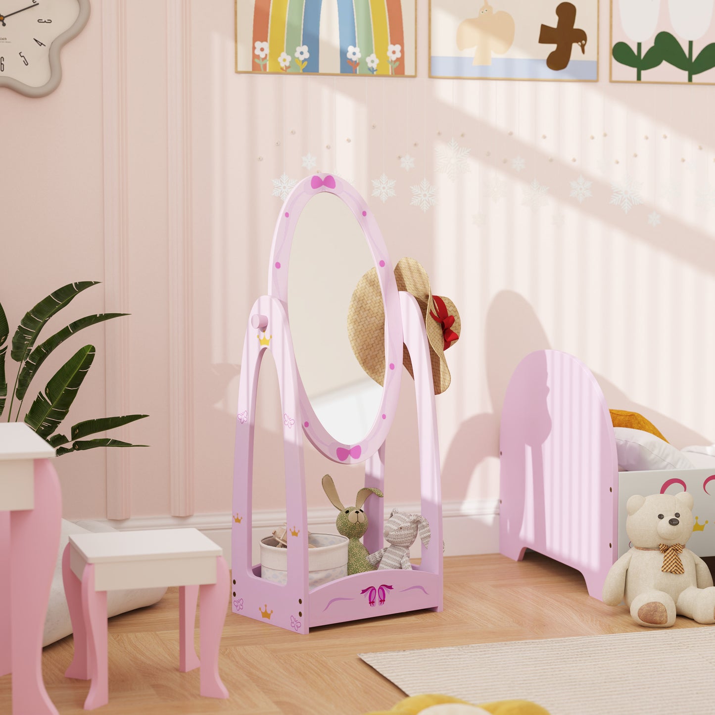 AIYAPLAY Kids Clothes Rail, Kids Dressing Mirror with 360° Rotating, 2 Piece Kids Furniture Set with Storage Shelves, Pink