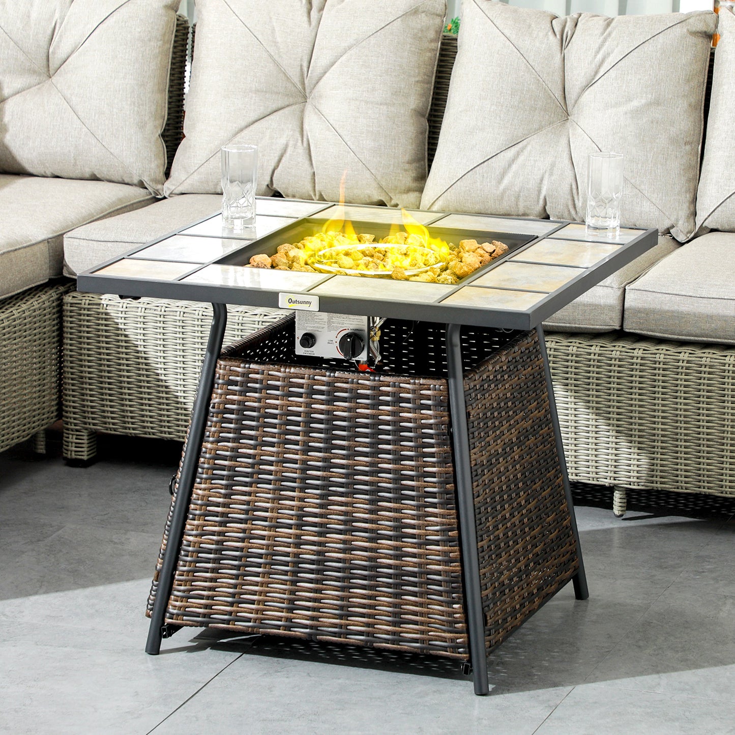 Outsunny Square Outdoor PE Rattan Fire Pit Table Gas Burner Heater w/ Control Panel, Slate Top, Lid and Lava Rocks, 50,000 BTU
