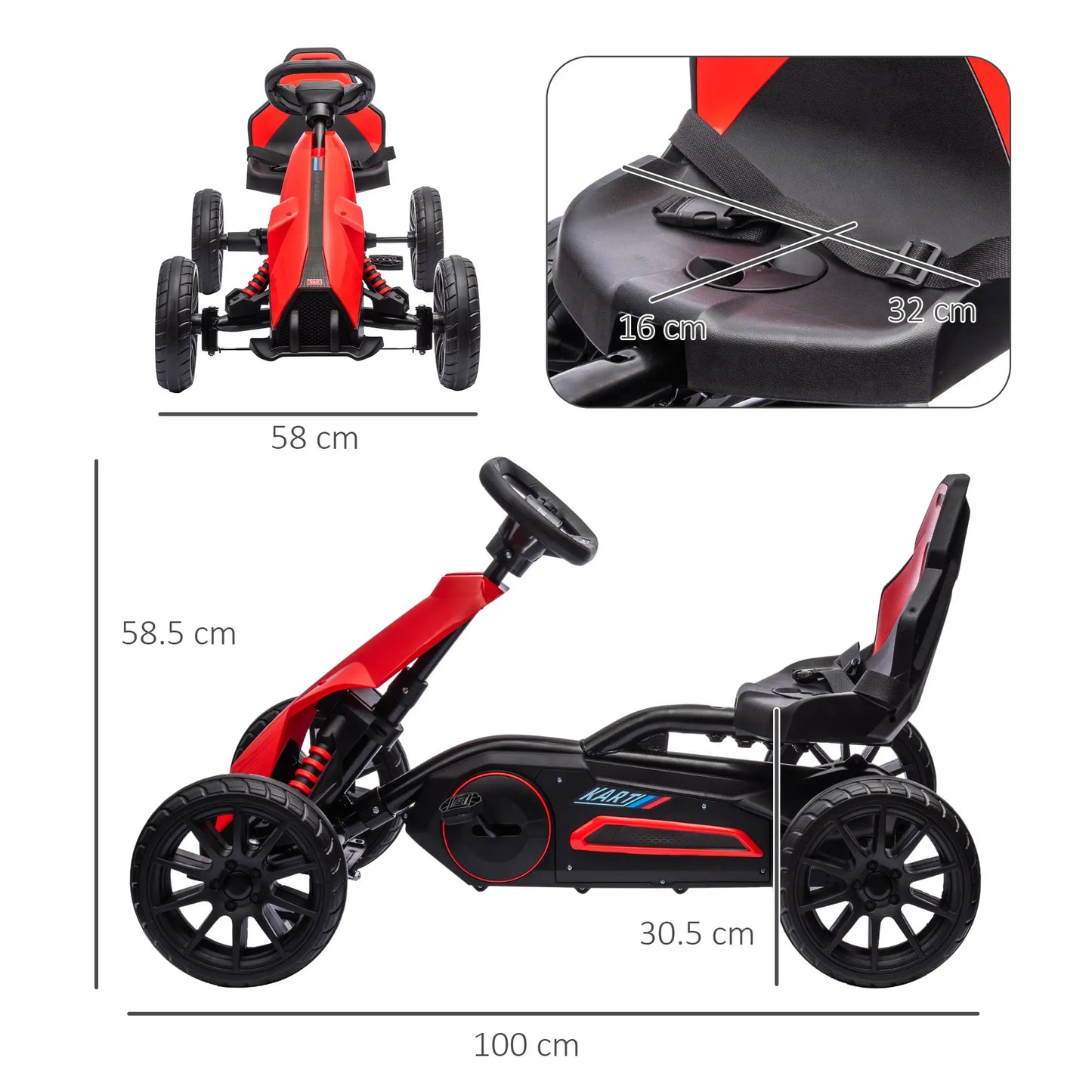 Kids Pedal Go Kart, with Adjustable Seat, EVA Wheels, Seat, Handbrake - Red